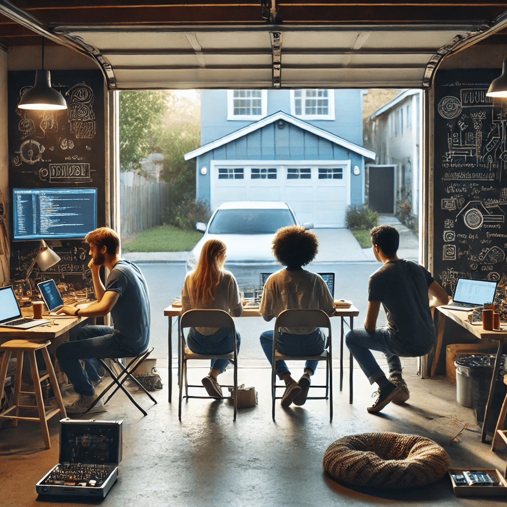 A computer generated image of workers in a startup using space in a garage in the early days of their company. OpenAI 2024 PHOTO BY OPENAI 2024 /Winnipeg Sun